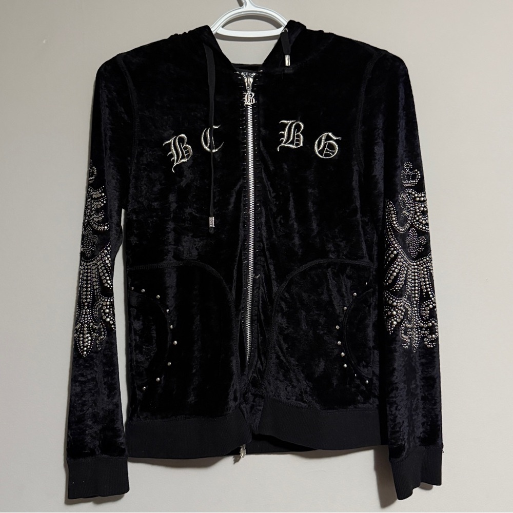 BCBGMaxAzria Black Velvet Bomber Jacket with Silver Embellishments
